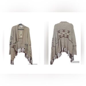 Back in The Saddle Brown Open  Front Cardigan/ Shawl Aztec Fringe Size Large